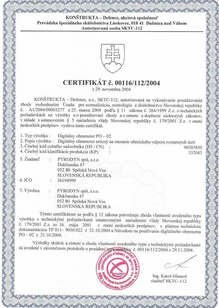 Certifikát č. 00116/112/2004